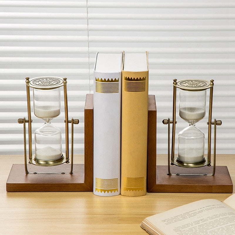 Retro Hourglass Book Standing Decoration Desk Study Hourglass Bookshelf Atmospheric Fashion Wooden Bookend